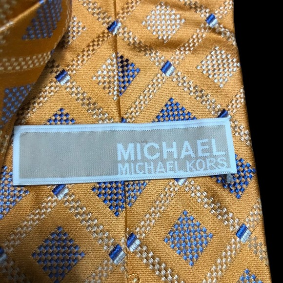 Michael by Michael Kors Orange Metallic Colored Silk Tie w/Blue &Cream Squares - Picture 6 of 6